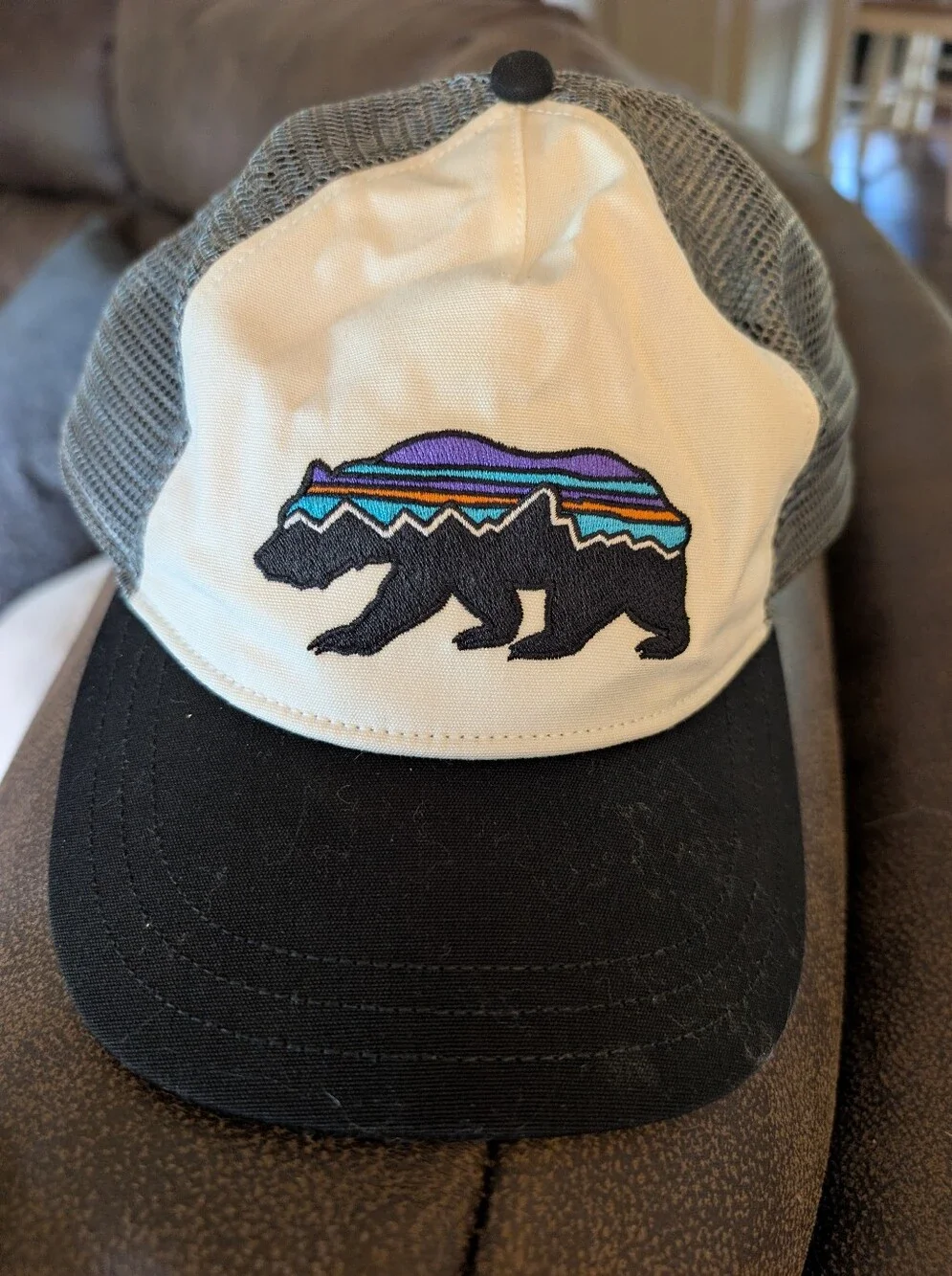 Patagonia White and Black Bear Patch Snap Back Trucker Hat
